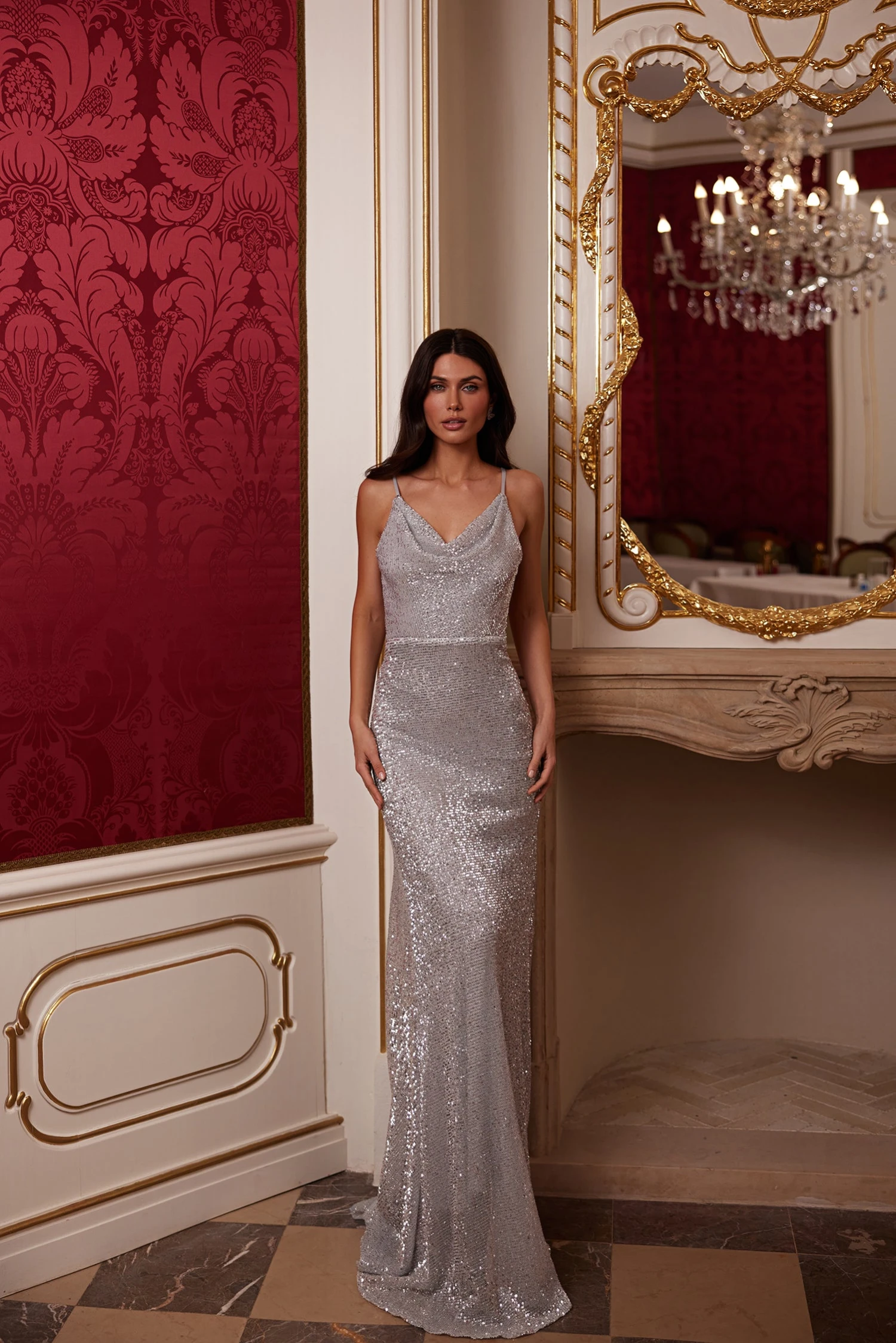 Marsia Silver Sequins Cowl Neck Mermaid Gown 1 Marsia Silver Sequins Cowl Neck Mermaid Gown