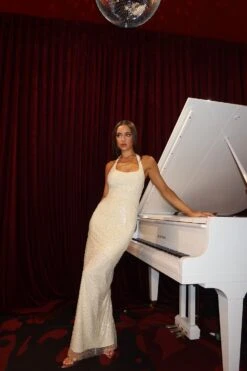 Romina Beaded Halter Neck Cream Gown -Luxury Evening Wear Store ADORIA 30