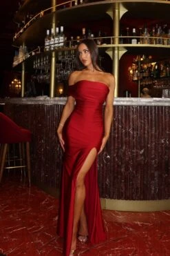 Stefani One Shoulder Jersey Wine Red Gown