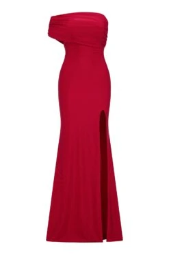 Stefani One Shoulder Jersey Wine Red Gown -Luxury Evening Wear Store STEFANI GM