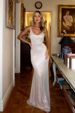 Nina Low Back Silver Gown -Luxury Evening Wear Store emily30