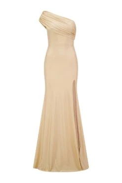 Stefani One Shoulder Jersey Gold Gown -Luxury Evening Wear Store stefani 1 gm